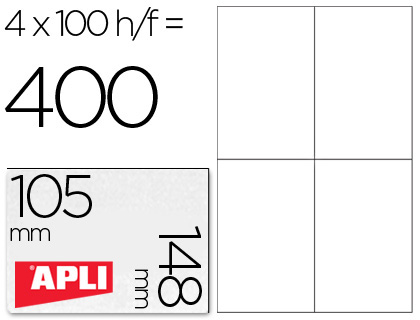 CJ100 hojas A4 400 etiquetas adhesivas Apli 01280 105x148mm. ILC